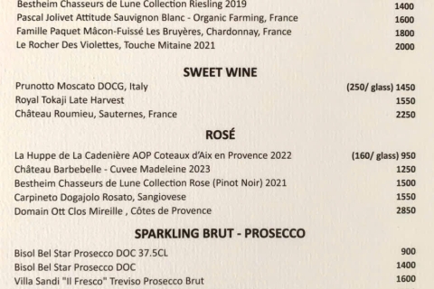 MENU WHITE WINE / ROSE WINE / SWEET WINE / ROSE WINE /SPARKLING BRUT - PROSECCO / CHAMPAGNE 